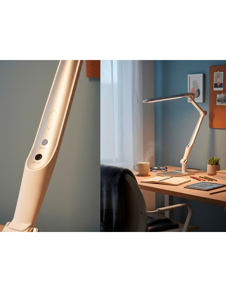 Lampara de escritorio q-connect led 9w 550 lm tactil 3 niveles de color brazo y base oscilantes color plateado