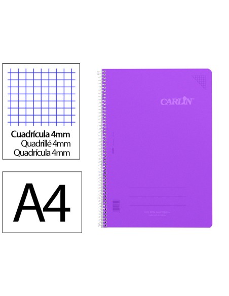 Cuaderno espiral carlin a4 tapa plastico 80h 90gr cuadro 4mm con margen color violeta
