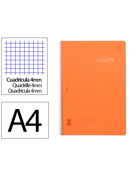 Cuaderno espiral carlin a4 tapa plastico 80h 90gr cuadro 4mm con margen color naranja