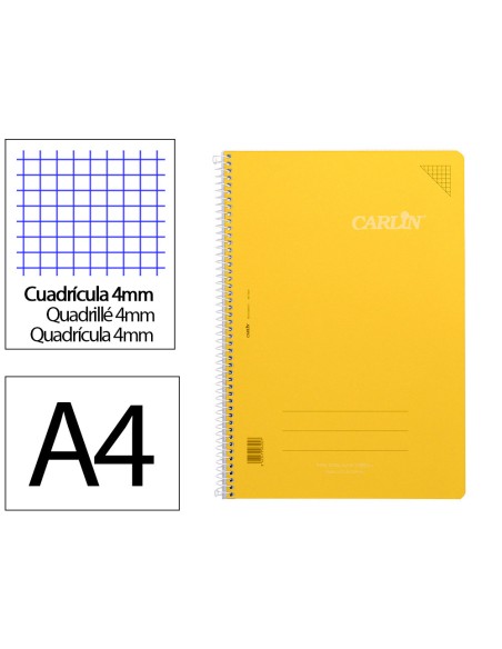 Cuaderno espiral carlin a4 tapa plastico 80h 90gr cuadro 4mm con margen color amarillo