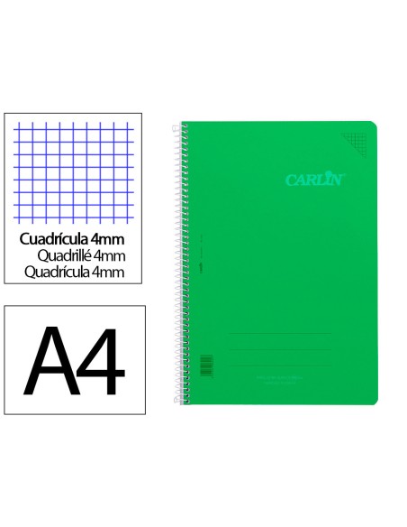 Cuaderno espiral carlin a4 tapa plastico 80h 90gr cuadro 4mm con margen color verde