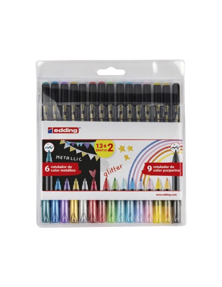 Rotulador edding punta fibra 1200 pack de 13 unidades + 2 unidades gratis colores metalicos/glitter