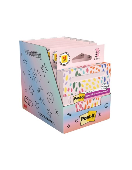 Bloc de notas adhesivas quita y pon post it z-notas super sticky 100% pefc 76x76 mm dispensador 90 hojas rosa