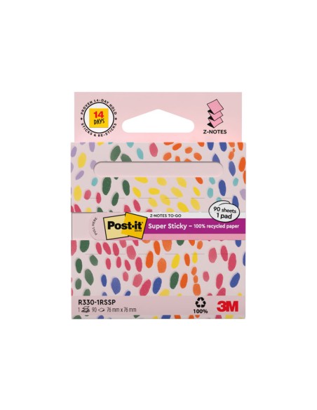Bloc de notas adhesivas quita y pon post it z-notas super sticky 100% pefc 76x76 mm dispensador 90 hojas rosa