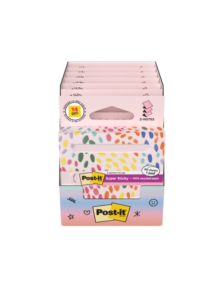 Bloc de notas adhesivas quita y pon post it z-notas super sticky 100% pefc 76x76 mm dispensador 90 hojas rosa