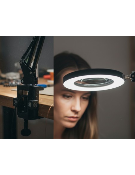 Lampara de escritorio q-connect hadar led 8w 380lm aluminio con pinza y lupa brazo doble color negro
