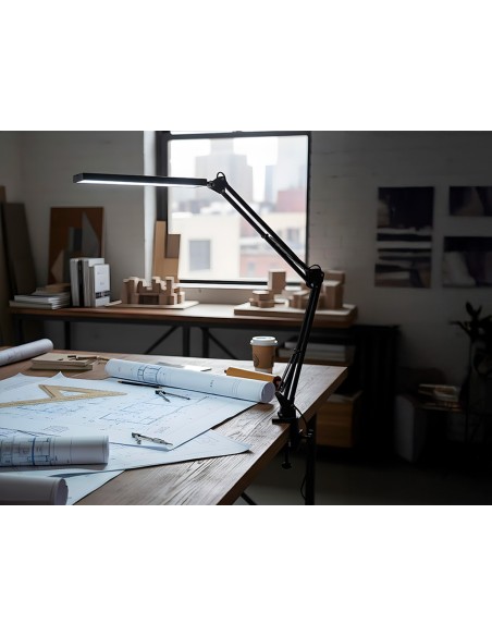 Lampara de escritorio q-connect rigel led 8w 320 lm aluminio con pinza brazo doble3 articulaciones color negro