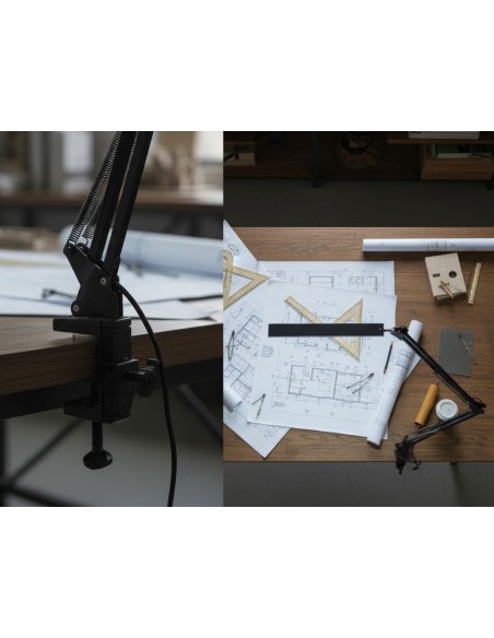 Lampara de escritorio q-connect rigel led 8w 320 lm aluminio con pinza brazo doble3 articulaciones color negro