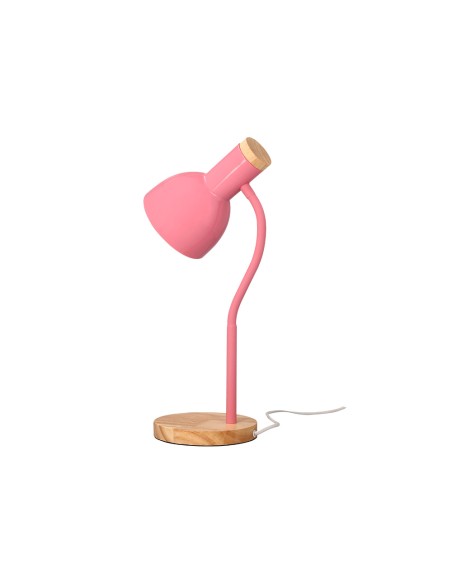 Lampara de escritorio q-connect orion metalica con detalles de madera brazo flexible color rosa