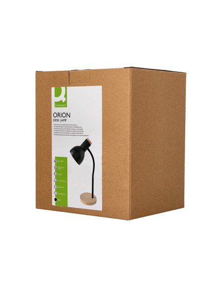 Lampara de escritorio q-connect orion metalica con detalles de madera brazo flexible color negro