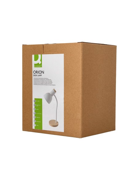 Lampara de escritorio q-connect orion metalica con detalles de madera brazo flexible color blanco