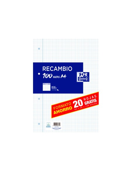 Recambio oxford a4 80 hojas + 20 gratis 90 gr cuadro 4x4 mm con margen