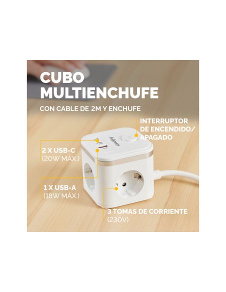 Regleta fellowes cubo multienchufes 3 tomas corriente + 2xusb c + a usb a color blanco