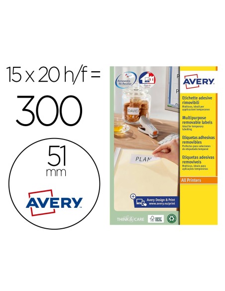 Etiqueta adhesiva avery blanca redonda removible para laser ink-jet fotocopiadora 51 mm caja de 375 unidades