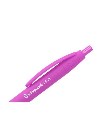 Boligrafo liderpapel punta 1 mm retractil con clip acabado soft touch tinta azul cuerpo rosa