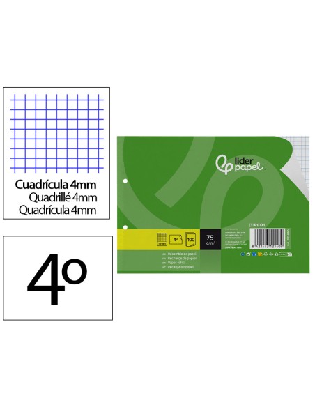 Recambio liderpapel din a5 apaisado 100 hojas 75 gr cuadro 4 mm 2 taladros con margen