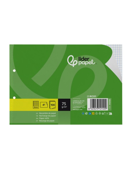Recambio liderpapel din a5 apaisado 100 hojas 75 gr cuadro 4 mm 2 taladros con margen