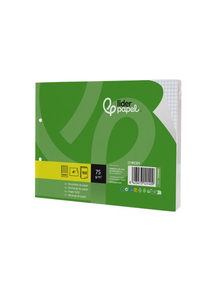 Recambio liderpapel din a5 apaisado 100 hojas 75 gr cuadro 4 mm 2 taladros con margen