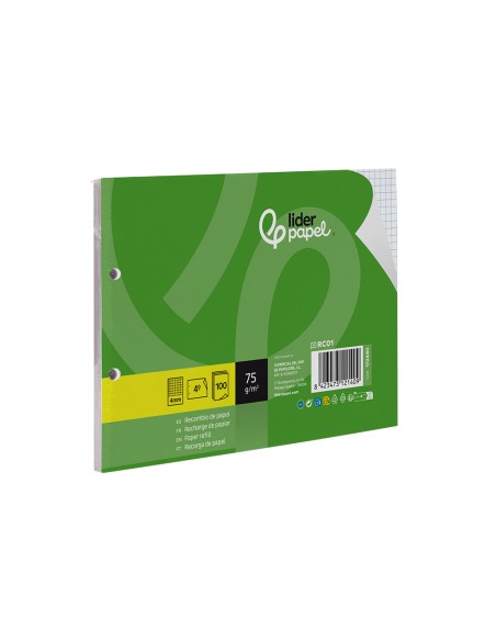 Recambio liderpapel din a5 apaisado 100 hojas 75 gr cuadro 4 mm 2 taladros con margen