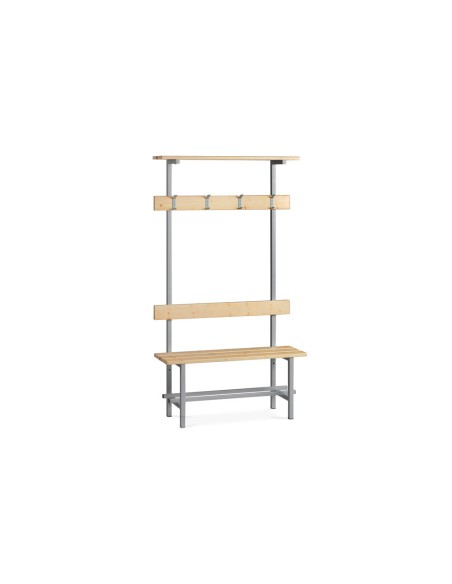 Banco de madera con zapatero y perchero superior estructura acero y listones de pino barnizados 2000 mm
