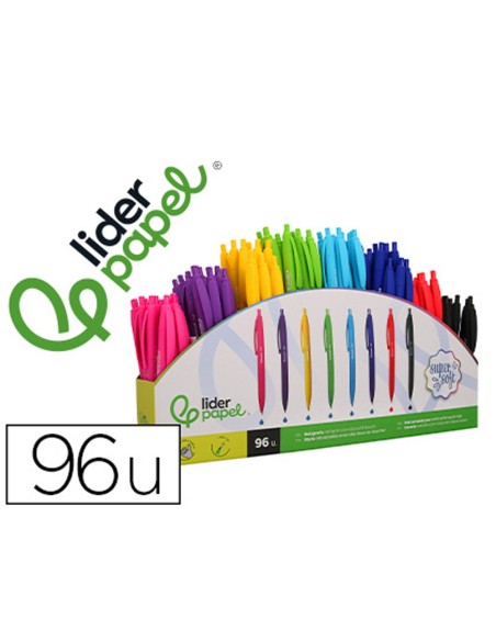 Boligrafo liderpapel retractil con clip acabado soft touch punta 1 mm expositor de 96 unidades colores surtidos