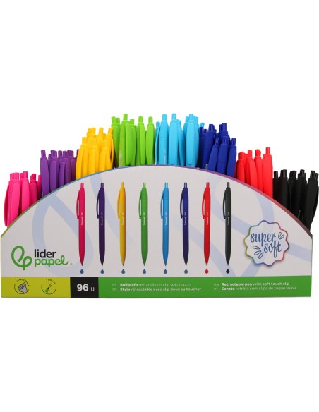 Boligrafo liderpapel retractil con clip acabado soft touch punta 1 mm expositor de 96 unidades colores surtidos