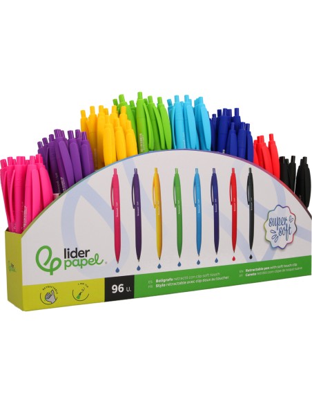 Boligrafo liderpapel retractil con clip acabado soft touch punta 1 mm expositor de 96 unidades colores surtidos