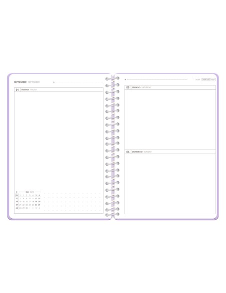 Agenda escolar antartik 26-27 espiral essentials dia pagina a5+ bilingue 80g papel fsc morado