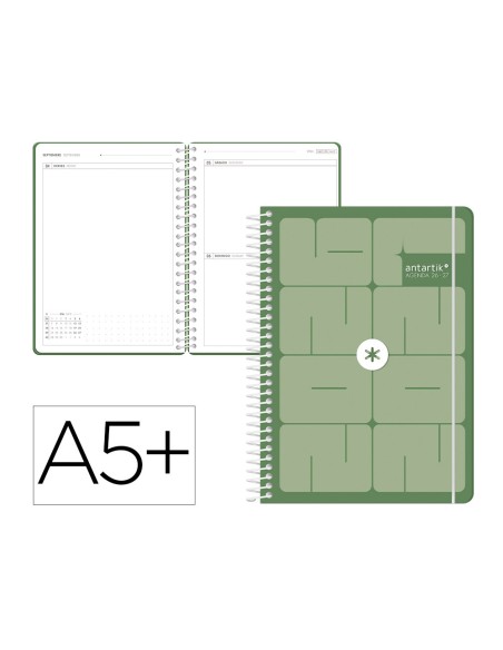 Agenda escolar antartik 26-27 espiral essentials dia pagina a5+ bilingue 80g papel fsc verde