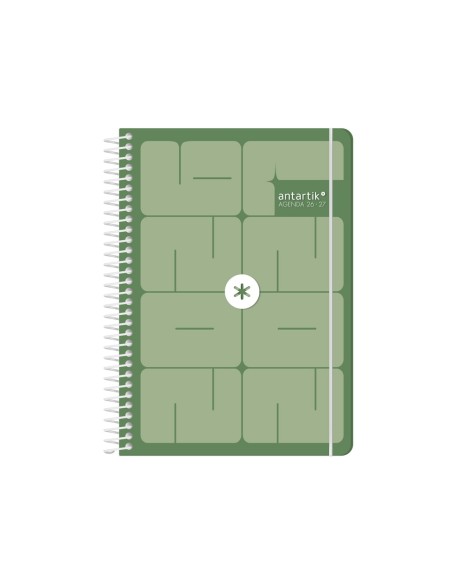 Agenda escolar antartik 26-27 espiral essentials dia pagina a5+ bilingue 80g papel fsc verde
