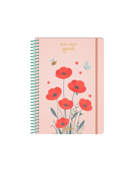 Agenda escolar liderpapel 26-27 espiral flowers dia pagina a5+ bilingue 80g papel fsc rojo