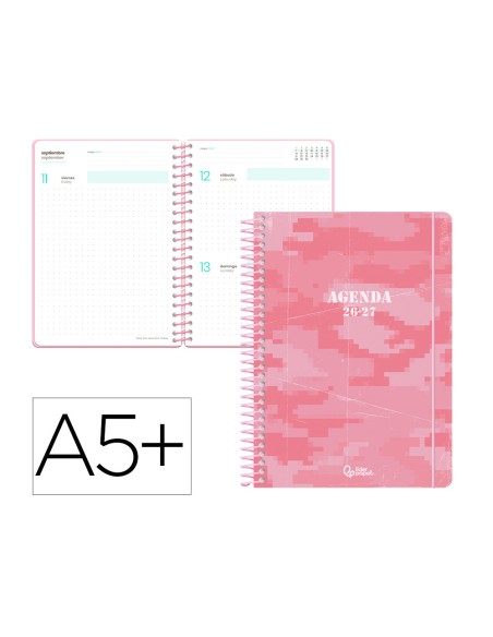Agenda escolar liderpapel 26-27 espiral military dia pagina a5+ bilingue 80g papel fsc rosa