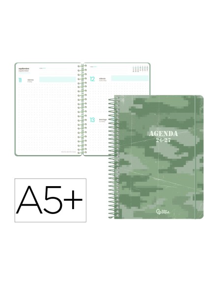 Agenda escolar liderpapel 26-27 espiral military dia pagina a5+ bilingue 80g papel fsc verde