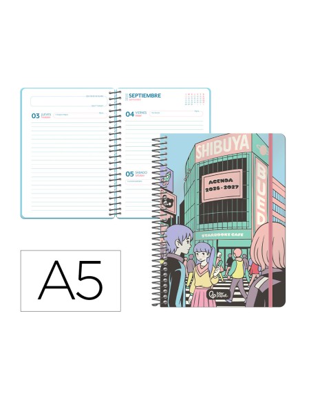 Agenda escolar liderpapel 26-27 espiral city celeste diapagina a5 bilingue 80g papel fsc rosa