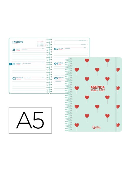 Agenda escolar liderpapel 26-27 espiral petite semana vista a5 bilingue 80g papel fsc verde