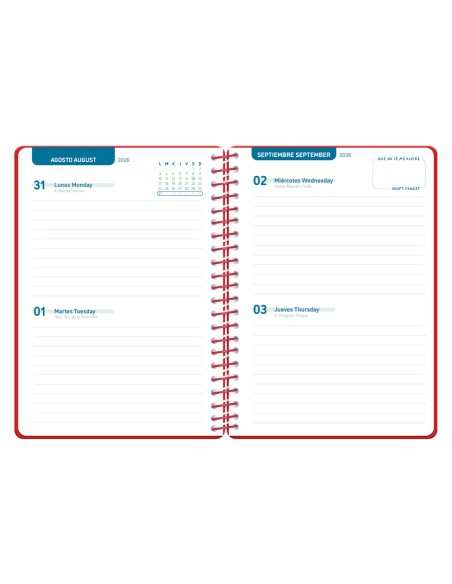 Agenda escolar liderpapel 26-27 espiral classic 2 dias pagina a5 bilingue 70g papel fsc rojo