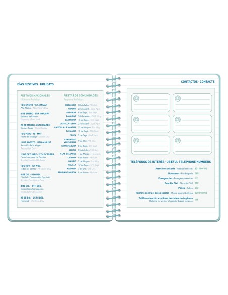 Agenda escolar liderpapel 26-27 espiral classic 2 dias pagina a5 bilingue 70g papel fsc azul turquesa