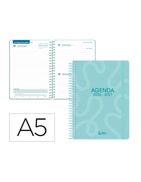 Agenda escolar liderpapel 26-27 espiral classic dia pagina a5 bilingue 70g papel fsc azul turquesa