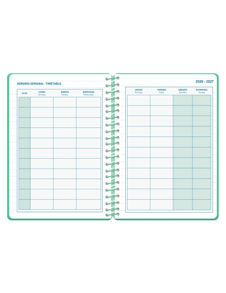 Agenda escolar liderpapel 26-27 espiral classic semana vista a5 bilingue 70g papel fsc verde