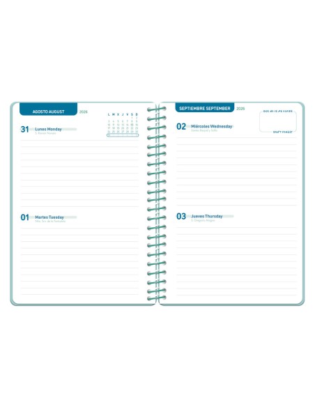 Agenda escolar liderpapel 26-27 espiral basic 2 dias pagina a5 bilingue 70g papel fsc turquesa
