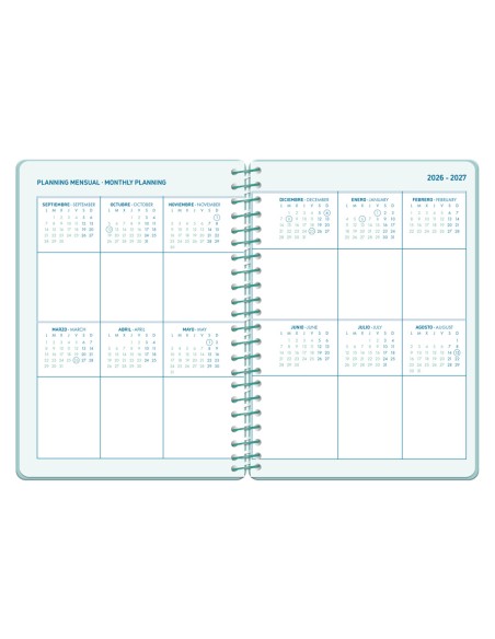 Agenda escolar liderpapel 26-27 espiral basic 2 dias pagina a5 bilingue 70g papel fsc turquesa