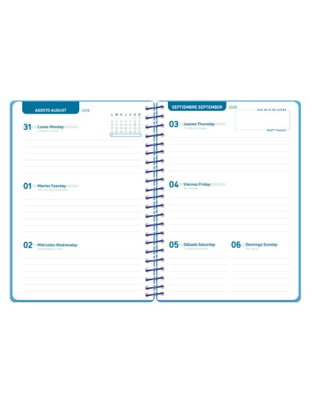 Agenda escolar liderpapel 26-27 espiral basic semana vista a5 bilingue 70g papel fsc azul turquesa