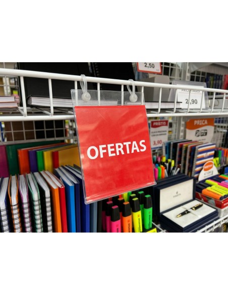 Soporte portaprecios q-connect con 2 agujeros y clip para cesta metalica etiqueta 76x80 mm