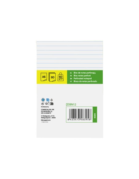 Bloc notas liderpapel horizontal a6 80 hojas 60g/m2 perforado