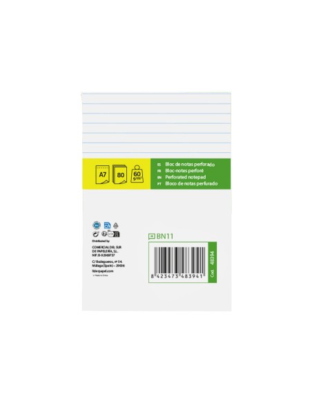 Bloc notas liderpapel horizontal a7 80 hojas 60g/m2 perforado