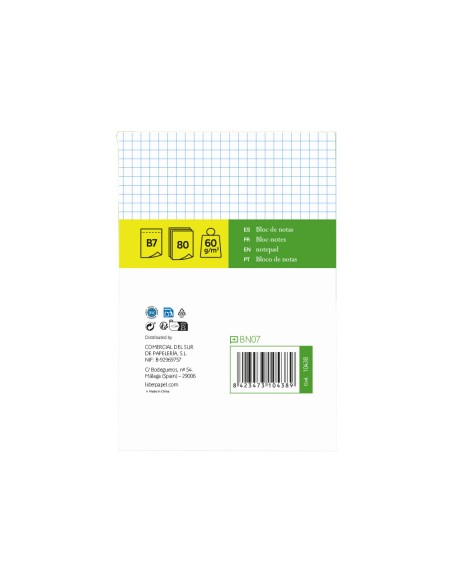 Bloc notas liderpapel cuadro 4mm b7 80 hojas 60g/m2 perforado