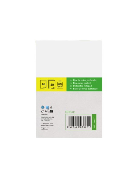 Bloc notas liderpapel liso a6 80 hojas 60g/m2 perforado