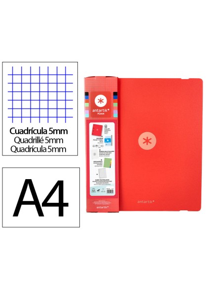 Carpeta con recambio antartik a4 cuadro 5mm foam 4 anillas 35mm mixtas color rojo