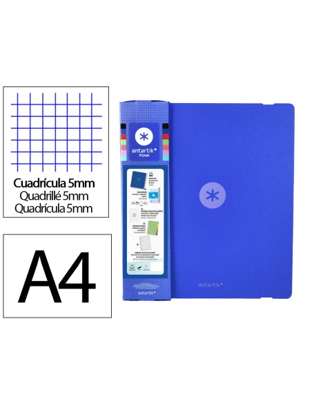 Carpeta con recambio antartik a4 cuadro 5mm foam 4 anillas 35mm mixtas color azul