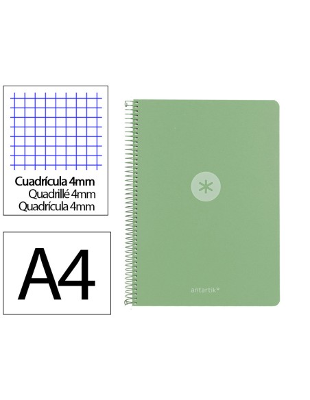 Cuaderno espiral antartik a4 tapa foam 80h 90gr cuadro 4mm con margen color verde matcha